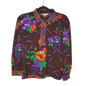 Vintage 70s Dagger Collar Zippered Shirt Floral in Brown Purple Size Small